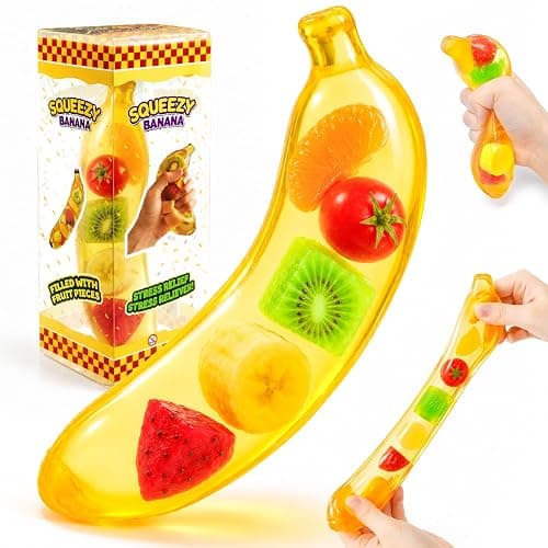 Clear Banana Squishy Toy with Colorful Fruit, Squeeze Stress Relief Toy | Slow Rising Banana Fidget Toys, Soft Anxiety Relief Sensory Toys, Realistic Fruit Shape Squeeze Toys, Birthday Party Favors - Image 1