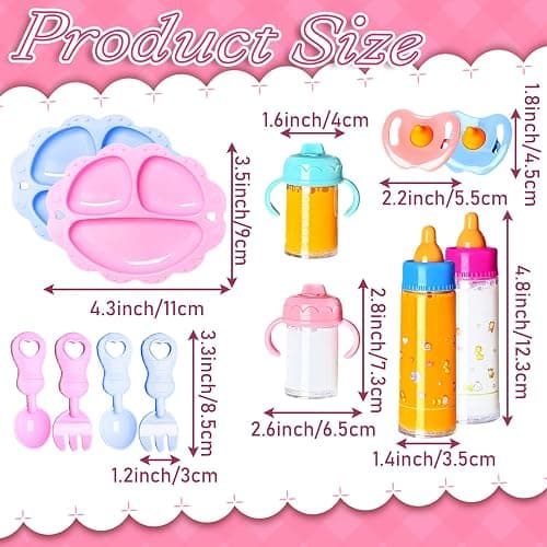 15Pcs Baby Doll Accessories Magic Bottle Set,Pretend Play Feeding Toy with Juice Milk Bottles,Sippy Cups,Pacifiers,Bowl Spoons,Bib,Diaper,Dolls Feeding Kit for Kids Girls,Party,Gift thumbnail 4