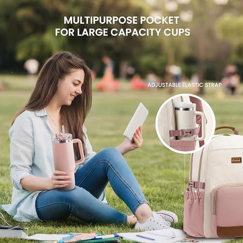 LOVEVOOK Laptop Backpack for Women with Pouch Pocket for Large Capacity Cup,17 Inch Teacher Nurse College Work Backpack Purse,Waterproof Laptop Bag Computer Back Pack for Travel, Beige-Pink-Brown thumbnail 2