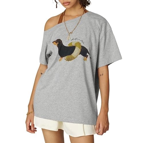 Aelfric Eden Dachshund Off The Shoulder Tshirts Women's Oversized Graphic Tees Short Sleeve Summer Cute T Shirts Y2K Tops - Image 1