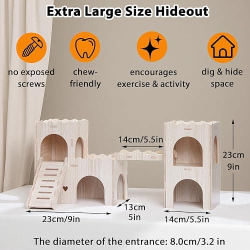 Jevnd Large Hamster Hideout, Wooden Double-Decker Castle with Climb Ladder | Multi Chamber Gerbil Habitat House, With Ladder, Bridge & Balcony, Offers Ample Space for Multiple Hamsters to Explore & Play thumbnail 5