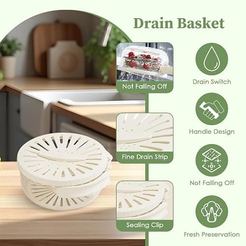 Bothyi Drain Basket Keeper Container Practical Fruit Colander Foldable Handle Food Storage Container Removable Basket for Strawberry, White thumbnail 6