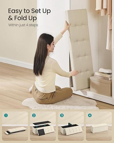 SONGMICS MAZIE Collection - 43 Inches Folding Storage Ottoman Bench, Ottoman Foot Rest, End of Bed Bench, Storage Chest, Load 660 lb, for Living Room, Bedroom, Entryway, Cream White ULSF77BE - Cream White - 15"D x 43"W x 15"H thumbnail 6