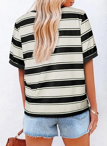 Womens Tops Cotton Casual Color Block Striped Short Sleeve Shirts Crewneck T Shirts Loose Basic Tee Blouses thumbnail 2