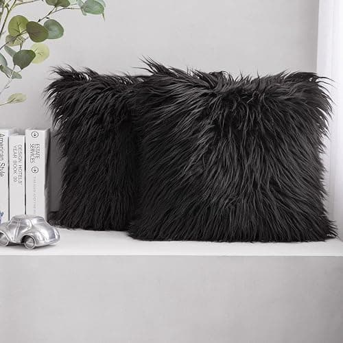Phantoscope Pack of 2 Faux Fur Solid Throw Decorative Pillow Cover Cushion Covers Luxury Soft Halloween Decorative Pillowcase Fuzzy Pillow Covers for Bed/Couch, Black 18 x 18 Inches - Image 1