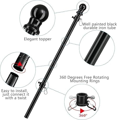 Barcetine Black Flag Poles for Outside House - 5ft Tangle Free Flag Pole for House,Heavy Duty Metal Flagpole,Outdoor Flagpoles Residential for Porch,Fence (Without Bracket) thumbnail 7