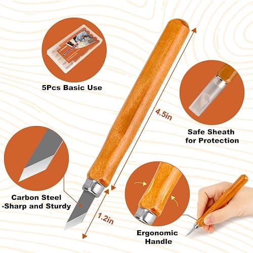 Wood Carving Tools, 7Pcs Wood Carving Knife Kit Carbon Steel, Wood Chisels Set for Pumpkins Soap Sculpture Carving DIY (5 Styles) thumbnail 2