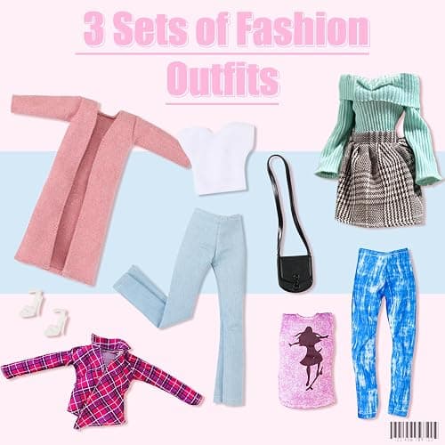 17 Pcs Doll Clothes for 11.5 Inch Girl Dolls Fashion Pack 5 Set Accessories Include Fashionable Pink Coat Houndstooth Dress Casual Set Random 3 Outfits 6 Pairs of Shoes 2 Bags 1 Earrings 1 Bracelet thumbnail 4