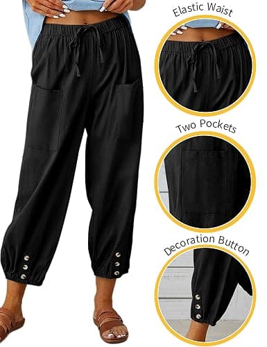 HangNiFang Cotton Linen Capri Pants for Women High Elastic Waisted Drawstring Cropped Pants with Pockets thumbnail 4