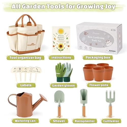 Dreamon Gardening Set Toys for Kids, Quality Garden Tool Kit Includes Tote Bag, Gloves, Shovel, Rake, Cultivator, Watering Can, STEM Learning Outdoor Gifts for Kids Toddlers thumbnail 3