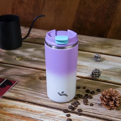 Konokyo 12oz Travel Coffee Mug with Lid, Insulated Stainless Tumbler | Purple White; BPA-free, leak-proof travel mug for hot coffee, iced coffee, office, home, camping, commute & daily use thumbnail 2