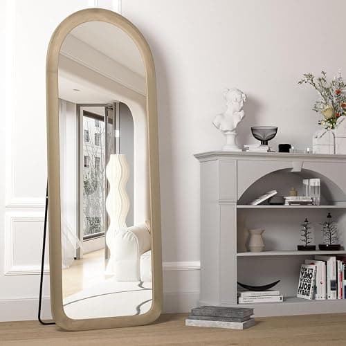 NEUWEABY Full Length Mirror 56"x20" Arch Floor Mirror with Stand Arched Full Body Mirror Standing Hanging or Leaning Against Wall for Bedroom Flannel Wrapped Wooden Frame Milk Tea thumbnail 4