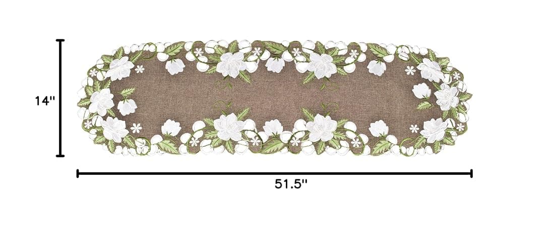 Beautiful White Magnolia Floral Design and Green Leaves Embroidered Cutwork Edges on Brown Polyester Linen, Table Runner, Dresser Scarf (14Wx51.5L) thumbnail 3