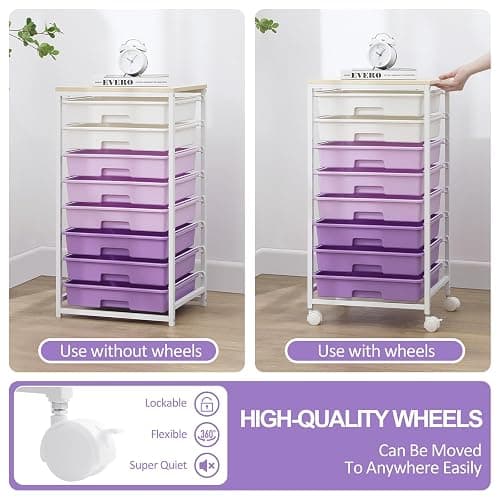 SYKIARIOL Rolling Cart with Drawers,Utility Cart With 8 Drawers and Wooden Tabletop for Living Room,Classroom,Bedroom,Bathroom,Dorm,Office,Purple thumbnail 6