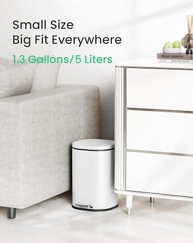 Cesun Bathroom Trash Can with Lid, 1.3 Gallon Small White Garbage Can with Foot Pedal, Metal Round Wastebasket for Bathroom, Bedroom, Office, White thumbnail 2