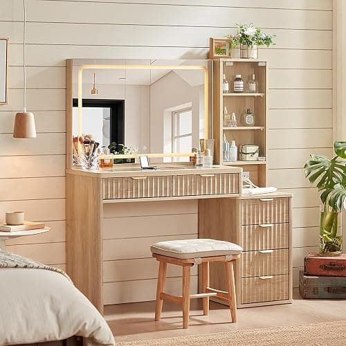 LEYAOYAO Vanity Desk with Mirror and Lights, 43.5'' Fluted Makeup Vanity with 6 Drawers and Adjustable Shelves, Natural Wood Make Up Vanity Dressing Table with Glass Top and Power Outlet for Bedroom - Natural Wood thumbnail 9