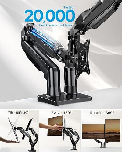HUANUO Dual Monitor Stand - Full Adjustable Monitor Desk Mount Swivel Vesa Bracket with C Clamp, Grommet Mounting Base for 13 to 32 Inch Computer Screens - Each Arm Holds 4.4 to 19.8lbs thumbnail 3