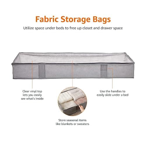 Amazon Basics Under Bed Fabric Zipper Blanket Storage Container Bags with Window and Handles, 2-Pack, 18 x 42 x 6 inches, Gray thumbnail 3