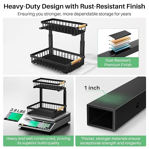 Kitstorack Under Sink Organizer, 2 Tier Under the Sink Storage, Slide out Pull out Cabinet Organizer Shelf, Metal Sliding Drawer for Kitchen Bathroom Pantry Closet Organization Rack, Black, 2 Pack thumbnail 5