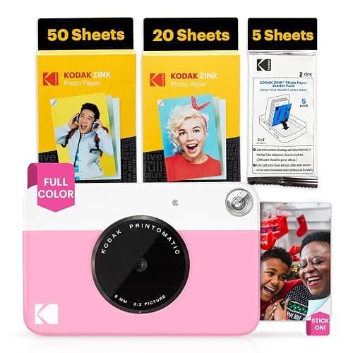 Kodak Printomatic Full-Color Instant Print Digital Camera - 75 Sheets Bundle - Prints On Zink 2x3 Sticky-Back Photo Paper - 5MP, Portable, Creative Fun Gift for Birthday, Christmas, Holiday - Pink thumbnail 2