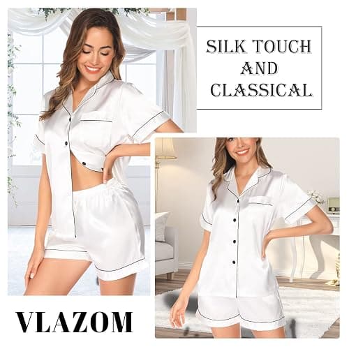 Vlazom Damen Satin Schlafanzug Kurzarm Satin Pyjama Set mit Knopfleiste Zweiteiliger Hausanzug thumbnail 4
