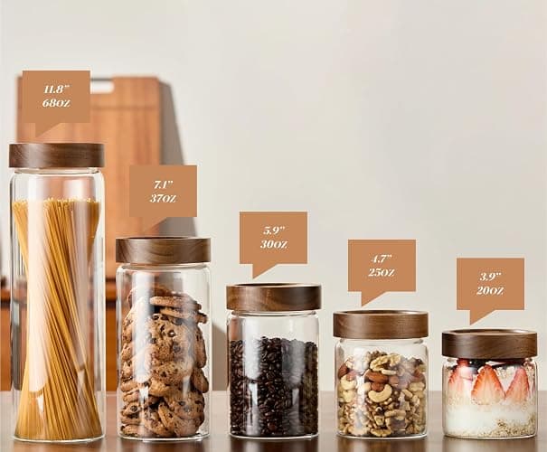 Neutral Kitchen Glass Canister Set of 5 with Acacia Wood Lids Airtight Food Storage Jars for Kitchen Pantry Organization Containers for Spaghetti, Flour, Sugar, Coffee, Tea, Overnight Oats Yogurt More thumbnail 6