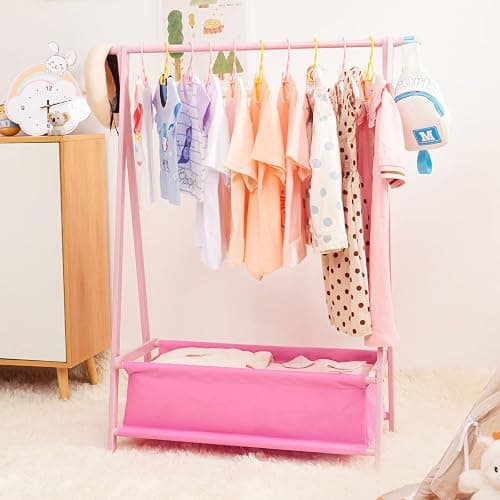 Cozivolife Kids Clothing Rack with Storage Box, Dress up Holder, Child Garment Hanger with Hanging Rods, Small and Foldable, Bamboo (Pink) thumbnail 7