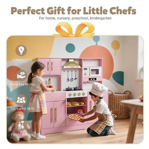 TODEFULL Kids Kitchen Playset, Wooden Play Kitchen with Toy Storage System, Pretend Play Kitchen Set Toy with Range Hood, Ice Maker & Coffee Maker, for Kids Ages 3+, Pink thumbnail 6