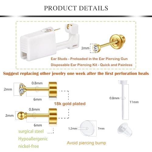 AVYRING Gold Ear Piercing Kit 2mm, 2mm Ear Piercing Gun, Disposable Ear Piercing Kit with Piercing Earrings Studs Surgical Steel Painless Self Piercing 20g Flat Back Earring Ball Zircon thumbnail 2