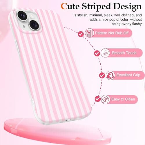 Anuck for iPhone 15 Case Cute Striped Phone Case Girly Aesthetic Vertical Stripe Pattern Design for Women Girls, Soft TPU Shockproof Rubber Bumper Protective Cover for iPhone 15 6.1" - Pink White thumbnail 4