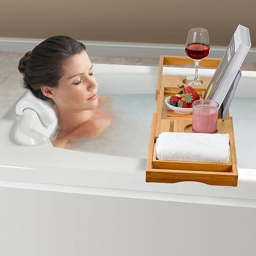 Utoplike Bathtub Caddy Tray, Bamboo Tub Tray with Sliding Towel Holder, Bath Table with Book Holder, Phone Stand and Adjustable Book Reading Rack, Tablet Slots thumbnail 7
