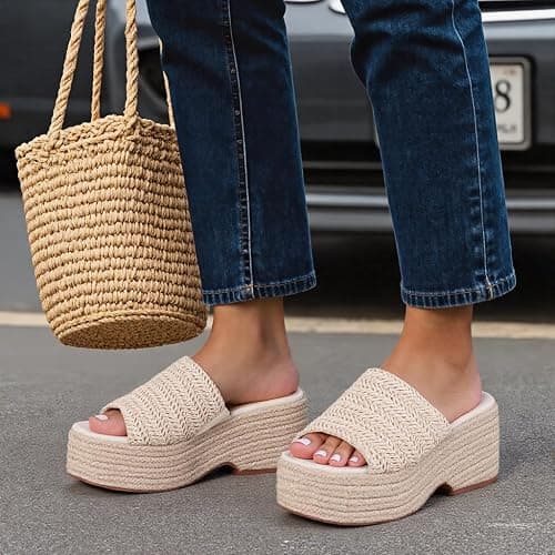 EQAUDES Platform Slip on Espadrille Sandals for Women Wedges Slides Bohemia Sandals Flatform Open Toe Beach Sandals thumbnail 5