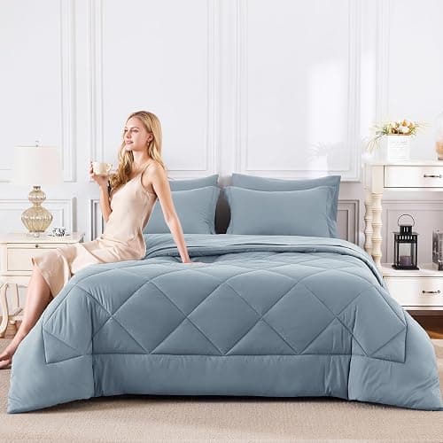 CozyLux Queen Comforter Set Dusty Blue - Bed in a Bag Queen Size 7 Pieces, Luxury Soft Bed Set for All Seasons, Bedding Set with Down Alternative Comforter, Sheets, Pillowcases & Shams, Grayish Blue thumbnail 7