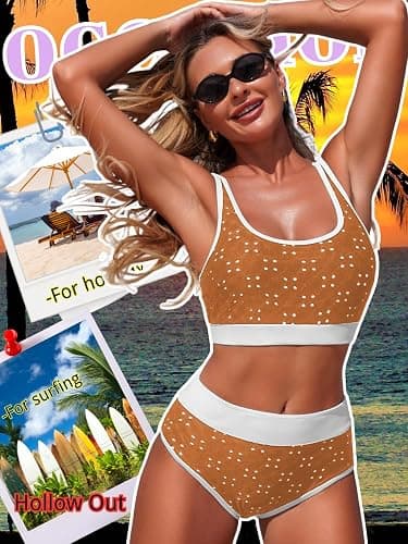 ChiaoLezhee Women's High Waisted Bikini Sets, Hollow Out Color Block, Two Piece Sporty Scoop Neck Adjustable Straps Swimsuit thumbnail 2
