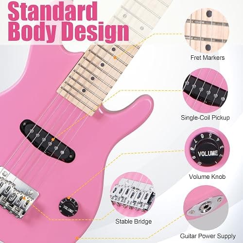 Saicool 30" Electric Guitar Beginner Kits, Beginner Electric Guitar with 5W Amp and Accessories Pack Guitar Bag for Beginners, Pink thumbnail 9