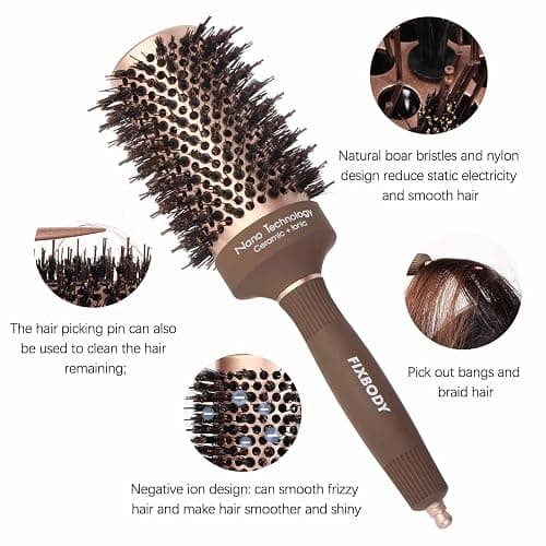 FIXBODY Hair Brush, Round Brush for Blow Drying, Curling, Styling, Nano Thermal Ceramic & Ionic Tech, Boar Bristle, 3.3 inch, 2 inch Barrel, for Women, Volume & Shine, Brown, Hair Brush for Thick Hair thumbnail 5