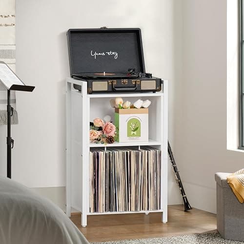 YAHARBO Record Player Stand, 3-Shelf Vinyl Record Holder with Storage, White Record Stand, Vintage Turntable Stand Holds Up to 100 Albums,Record Table with Handle for Living Room,Bedroom thumbnail 2
