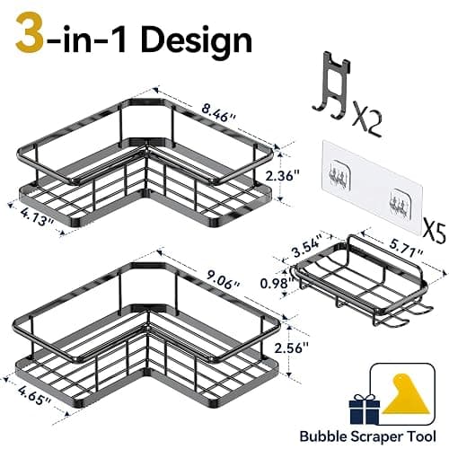 YASONIC Corner Shower Caddy Adhesive, 100% Rustproof Shower Organizer with Soap Holder, No Drill Shower Shelf for Inside Shower, Wall-Mounted Shower Storage for Homes (3 Pack, Black) thumbnail 2
