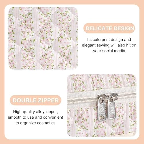UUYUUY Makeup Bag for Women 3PCS Quilted Cotton Make Up Bag Travel Cosmetic Bag Large Makeup Bag Set Cute Makeups Organizer Floral Toiletry Pouch for Purse, Pink Floral C thumbnail 7