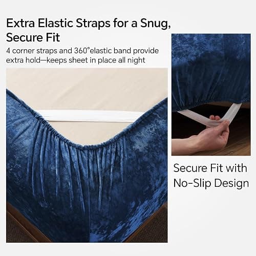 BEDELITE Velvet Fitted Sheet and Pillowcases Set, Luxury Soft Fuzzy Bottom Sheet with Reinforced Elastic Corner Straps, Deep Pocket up to 15 Inch, 1 Fitted Sheet and 2 Pillowcases (Full, Navy Blue) thumbnail 5