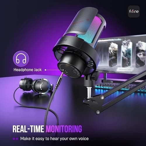 FIFINE USB Gaming Microphone Kit, PC Streaming Mic with RGB Lights, Mute, Gain Knob, Metal Boom Arm for Recording Podcast, Condenser Computer Microphone Set Compatible with PS4/PS5-AmpliGame A8T thumbnail 4