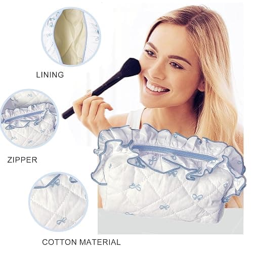Aikeis Cute Tie Makeup Bag Cotton Quilted Plaid Lining Zipper Women Girls Kawaii Travel Cosmetic Bag (Light Blue), lightblue, Lace bow thumbnail 4