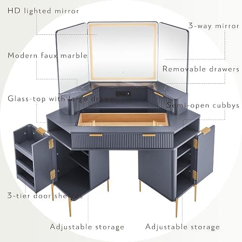 T4TREAM Corner Vanity Desk with Mirror and Lights, 48" Modern Fluted Makeup Vanity with Glass Top, 3-Panel Lighted Mirror & Charging Outlet, Dressing Table with 3 Drawers & 2 Cabinets, Dark Grey thumbnail 7