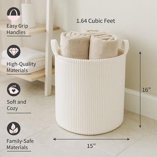 PUTSKA Blanket Basket – Round Storage for Toys and Blankets, Clothes, Stuffed Animals – Soft Baby Girl Basket for Nursery, Kids Room, Bedroom, Living Room – Large, Cream thumbnail 2