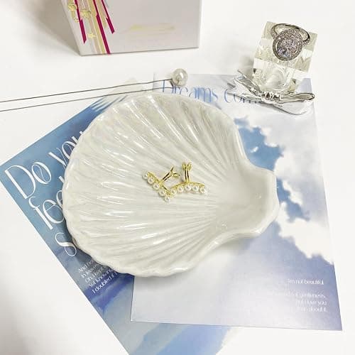 Ring Dish Shell Shape Ceramic Jewelry Dish Tray, Decorative Trinket Dish Organizing Rings Earrings Necklaces Keys for Mom Friend Sister, 3.9", White Iridescent Surface thumbnail 7