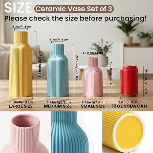 TrendEcoHome Colorful Ceramic Vases Set of 3, Matte Round Vertical Ribbed,Minimalist for Pampas Dried & Fresh Flowers, Centerpiece for Living Room, Shelf, Entryway, Wedding (Pink, Blue, Yellow) thumbnail 3