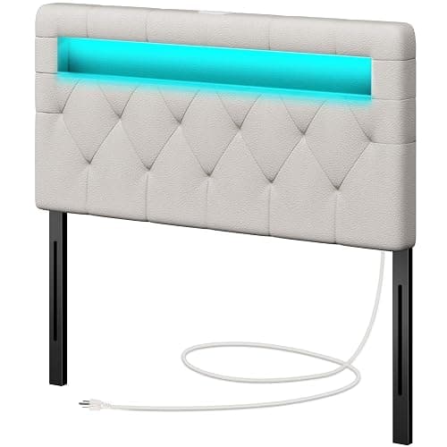 GREENSTELL Headboard for Twin Size Bed with 60,000 DIY Color of LED Light, USB & Type C Post, Attach Frame, Height Adjustable, White Leather Wall Mounted Head Boards Only, Sturdy & Stable, Twin - Image 1