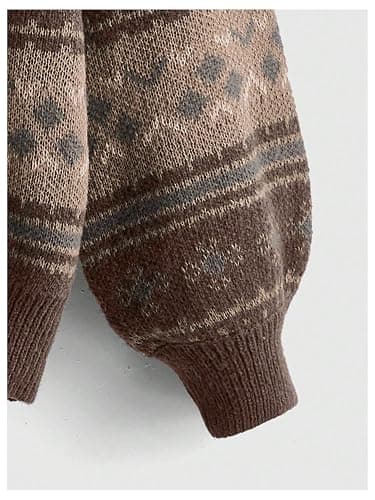 MakeMeChic Women's Winter Christmas Sweaters Grandpa Vintage Striped Oversized Long Sleeve Crew Neck Brown Knit Sweater thumbnail 3