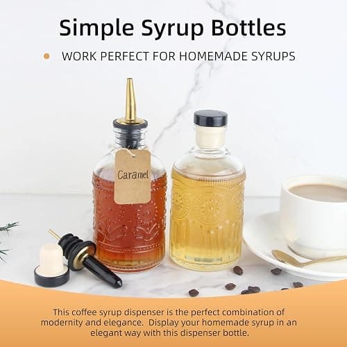 CALFATHN Simple Syrup Bottles Set of 2, Glass Coffee Syrup Dispenser Bottles 7 OZ With Metal Pour Spout, Labels and Stopper, Glass Syrup Dispenser for Maple Honey Syrup Oil and Sauces, LC002 thumbnail 3