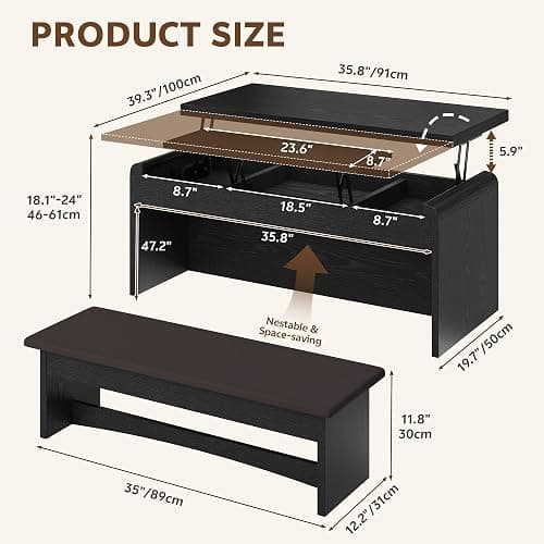 Homiflex Lift Top Coffee Table with Bench, 40 Inch Multi-Function Coffee Tables Set with Hidden Compartment, Curved Profile Design, Converts to Home Office Table, Dining & Center Table for Living Room thumbnail 2